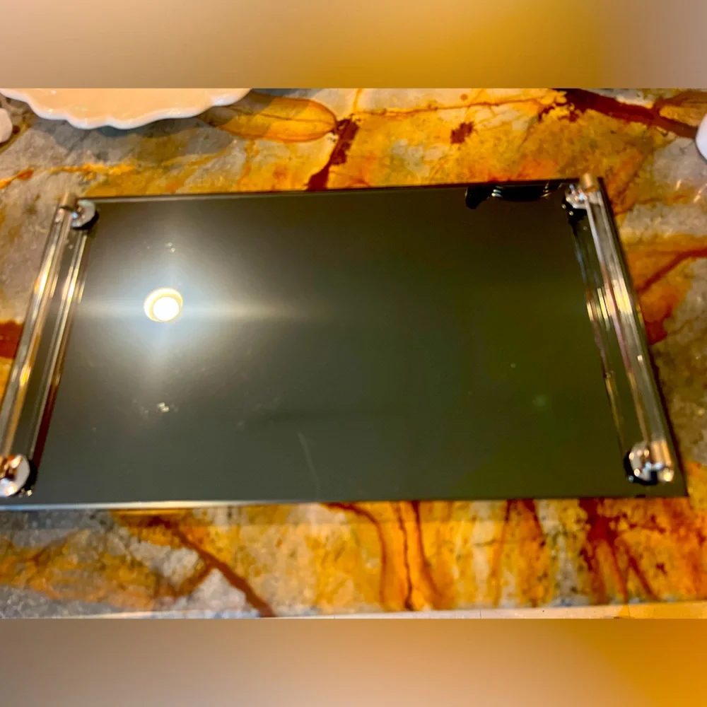 Vintage 16”x 8” 💙 🪞Smoked Glass Acrylic Handles Tray 🪞 💙 MCM Art Deco